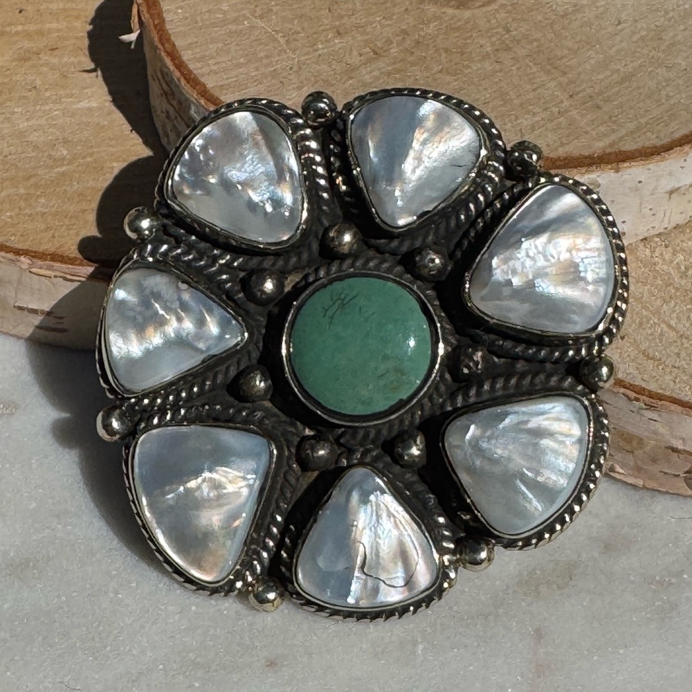 Ring - Ladies  Mother of Pearl with Turquoise Flower Shaped Adjustable Ring 2”